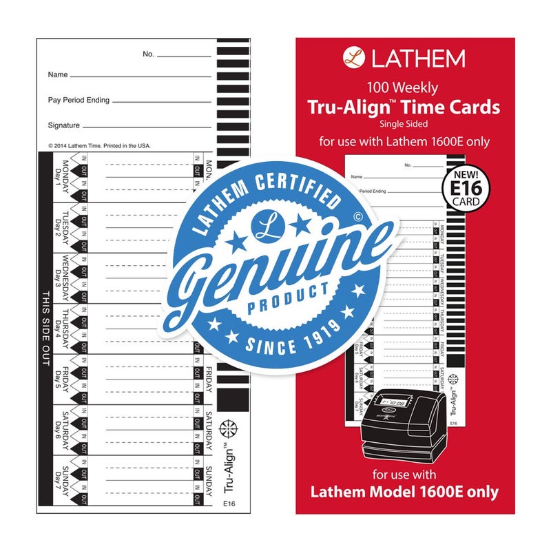 Lathem TruAlign E16 Time Cards for 1600E, Weekly, 1-Sided, 4"" x 9"", White, Box of 100, (E16-100) - Image 2